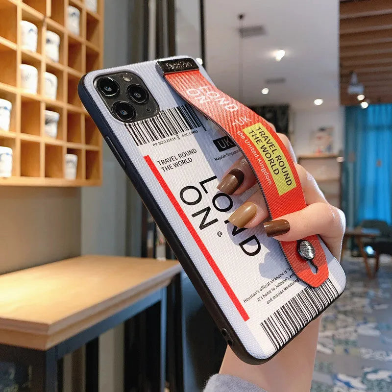 Red labelled TPU and PC mobile phone case for iPhone with an attached fabric wristband.