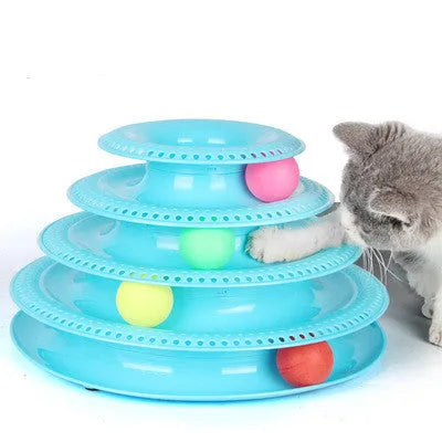 Interactive four-layer cat turntable toy with ball tower tracks, plastic, 16x29cm, in pink, blue, or orange