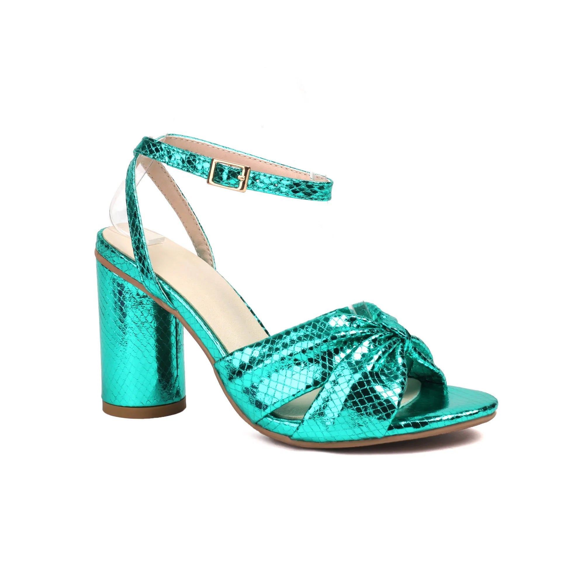 Plus size women's high heel peep toe sandals with ankle buckle in gold, silver, red, or green colours.