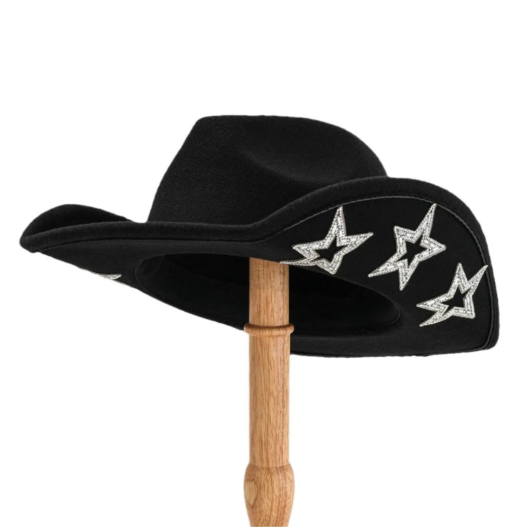 Beige woolen felt western hat with conical crown and hexagonal star on the front, size M for 56-58cm head circumference.