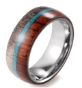 SHARDON 8mm tungsten ring with wood and wild antler inlays, dome profile, men's band.