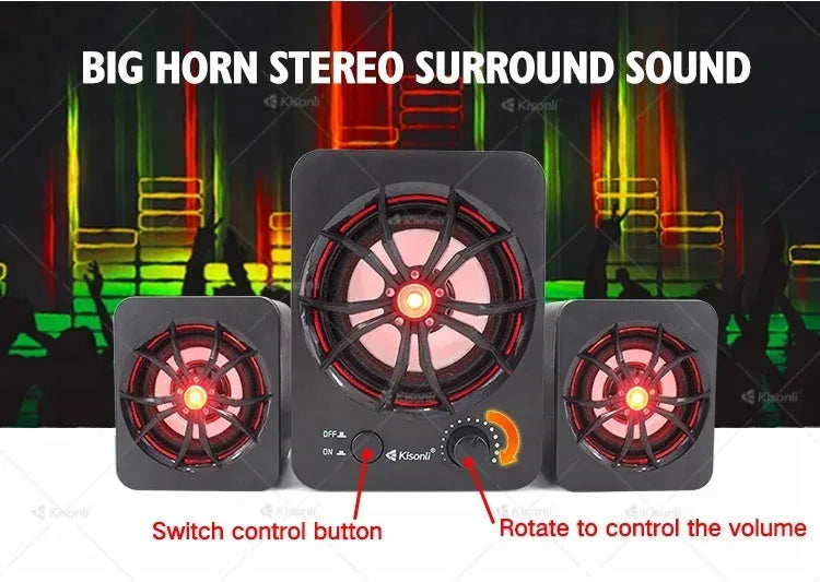 Green 2.1 USB computer speaker with colourful LED lights showing USB and 3.5mm jack ports.