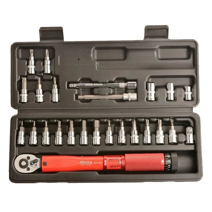 1/4 inch preset torque wrench 1-25Nm with hex Torx slotted cross bits, 100mm extension rod, 3/8 adapter, and sleeves.