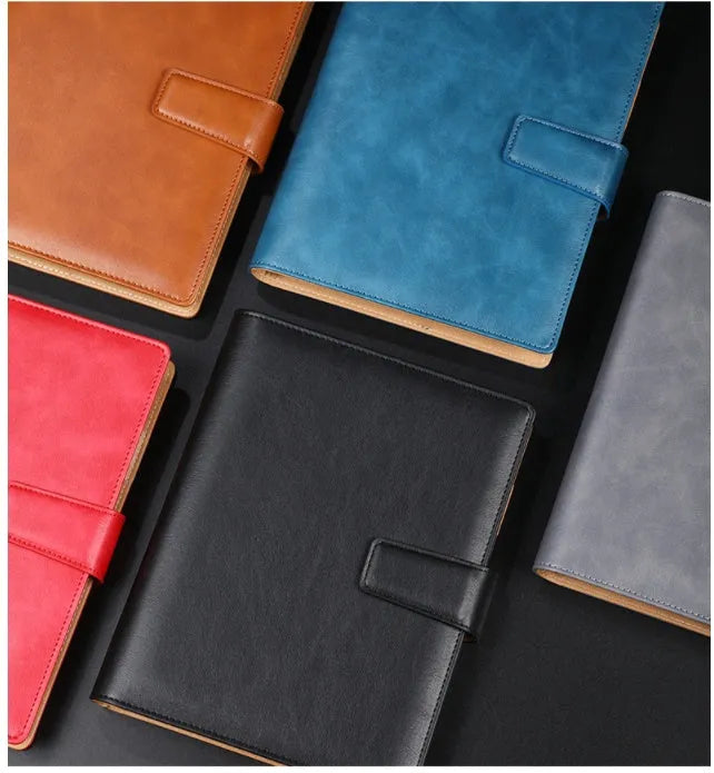 A5 leather notebook with buckle clip and 6-hole binding in multiple colours