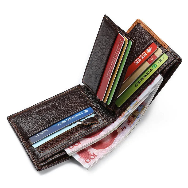 Men's brown tri-fold leather wallet open, showing card slots, zippered coin pocket, and saddle stitching detail.