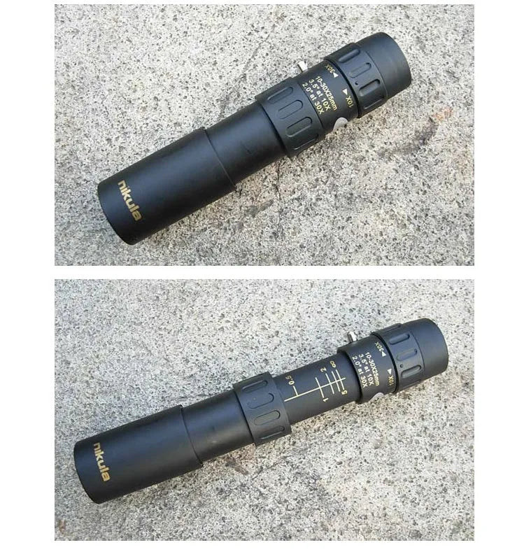 Black 10-30x25 compact zoom monocular telescope with 25mm objective lens and Bk4 prism