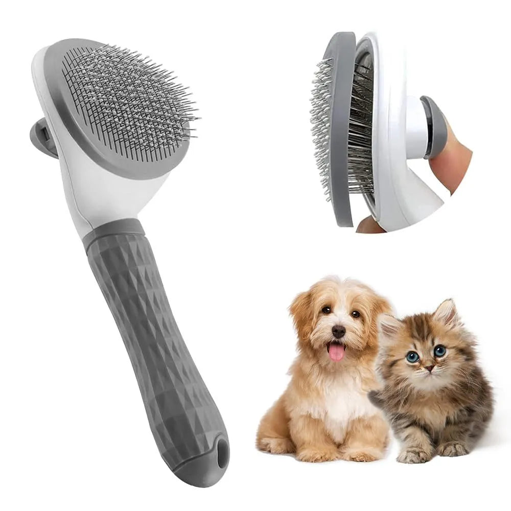 Blue cat grooming brush with a release button and fine wire bristles for removing pet hair.