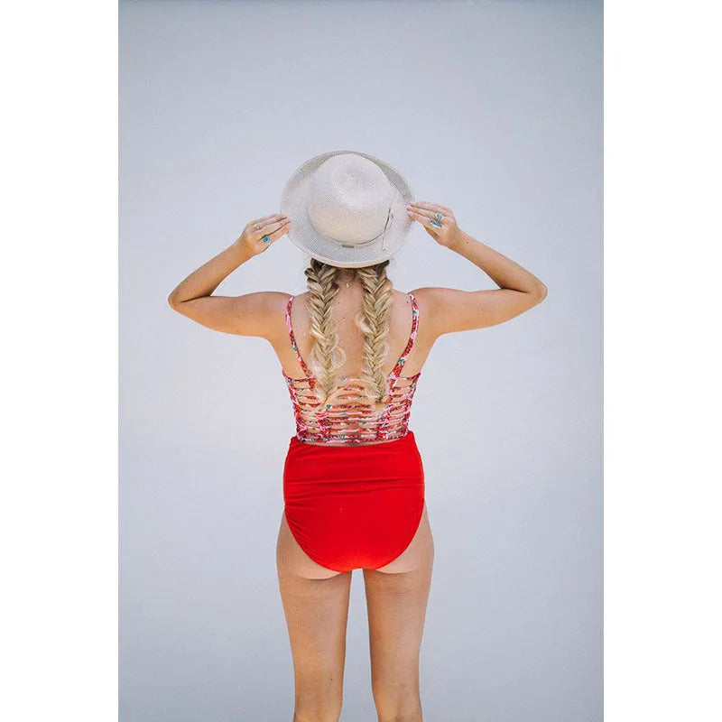 Red maternity high waist swimwear set with swim trunks for pregnant women in stretch fabric