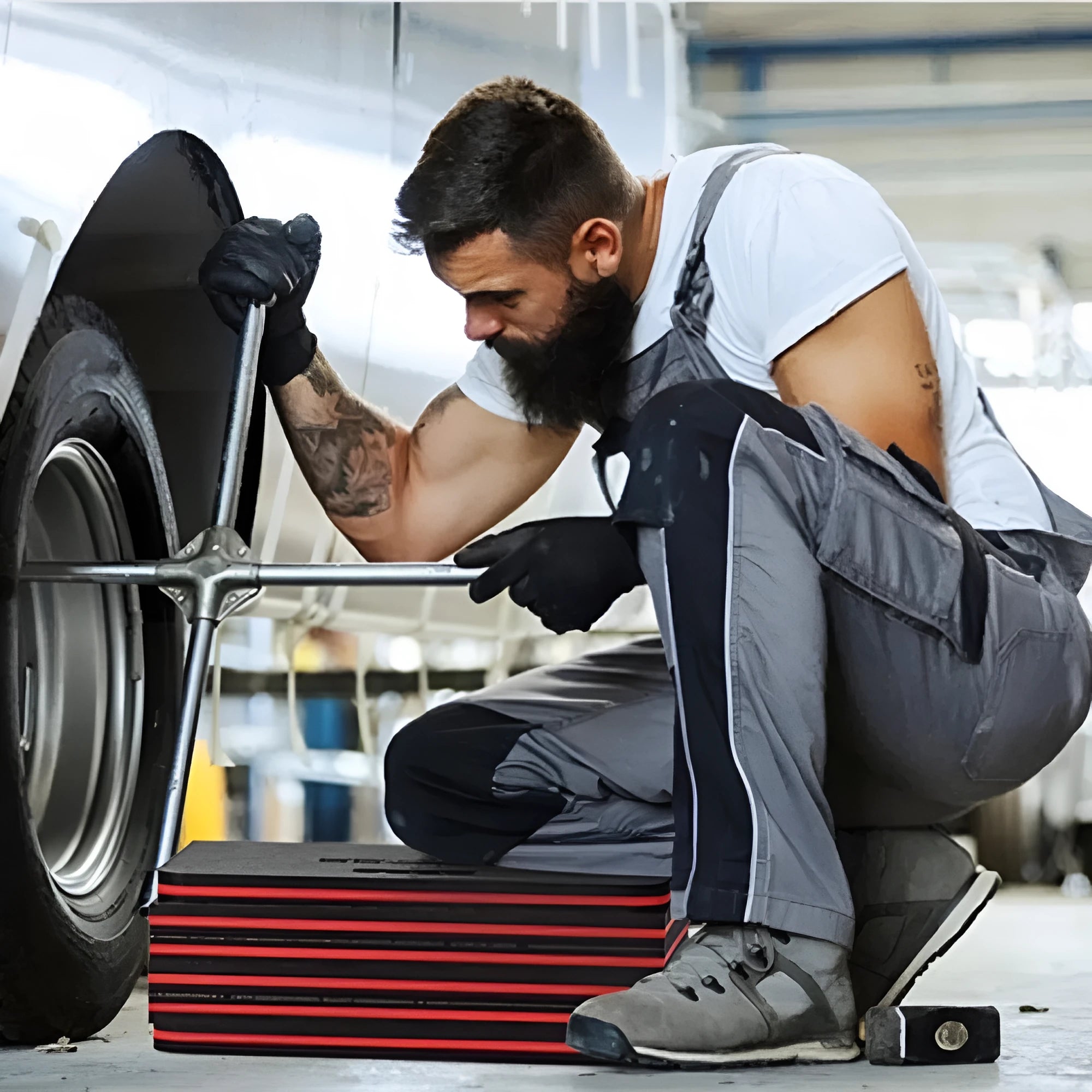 Black EVA foam folding kneeling mat for car repair showing folded and open positions