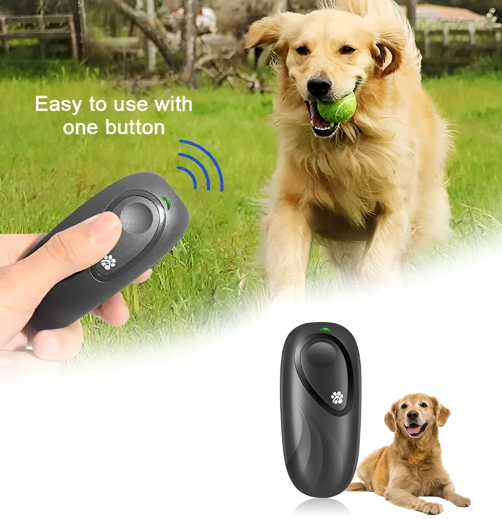 Handheld ultrasonic dog repeller in black with frequency button, ABS plastic, 9.5 cm height