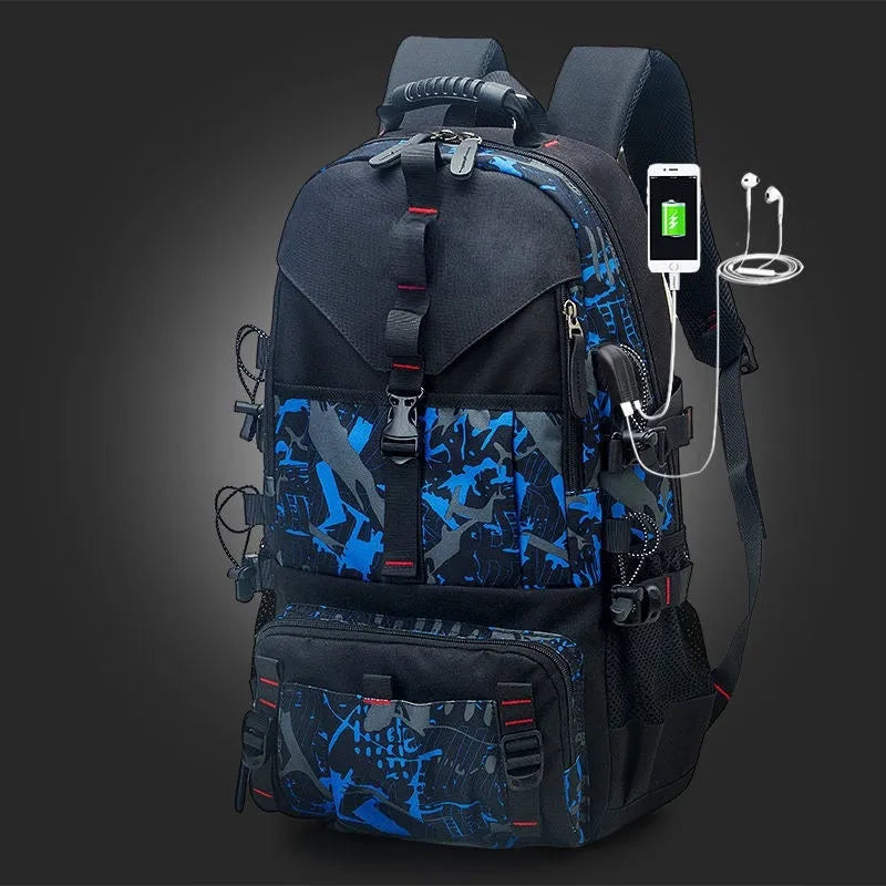 Men's black waterproof Oxford cloth hiking backpack with adjustable straps and multiple compartments.