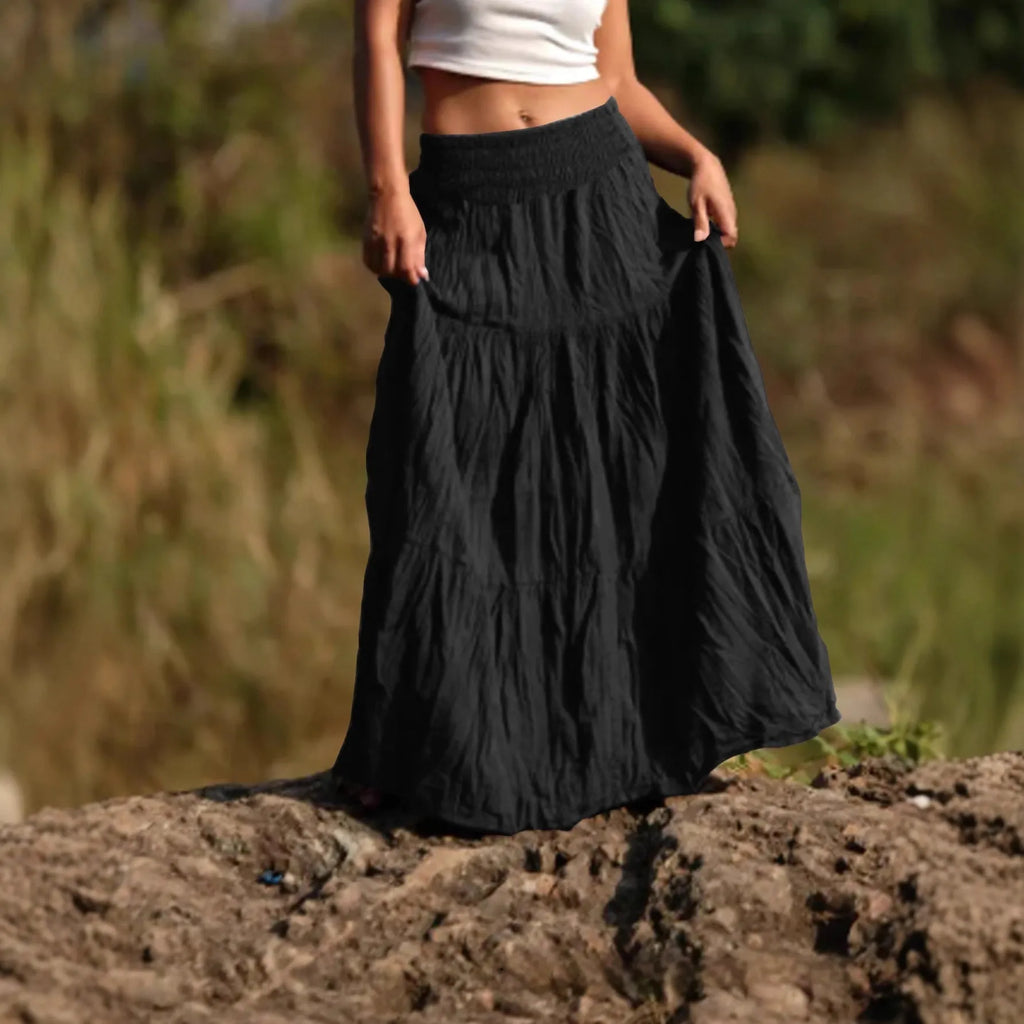 Women's mid-length retro skirt with waist smocking, patchwork and folding detail, viscose fibre, sizes S-XXL