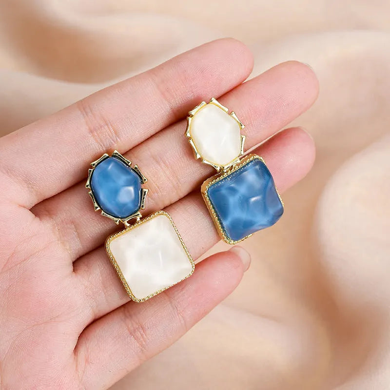 Geometric square earrings with water ripple contrast colour design in electroplated alloy, Korean style, for women