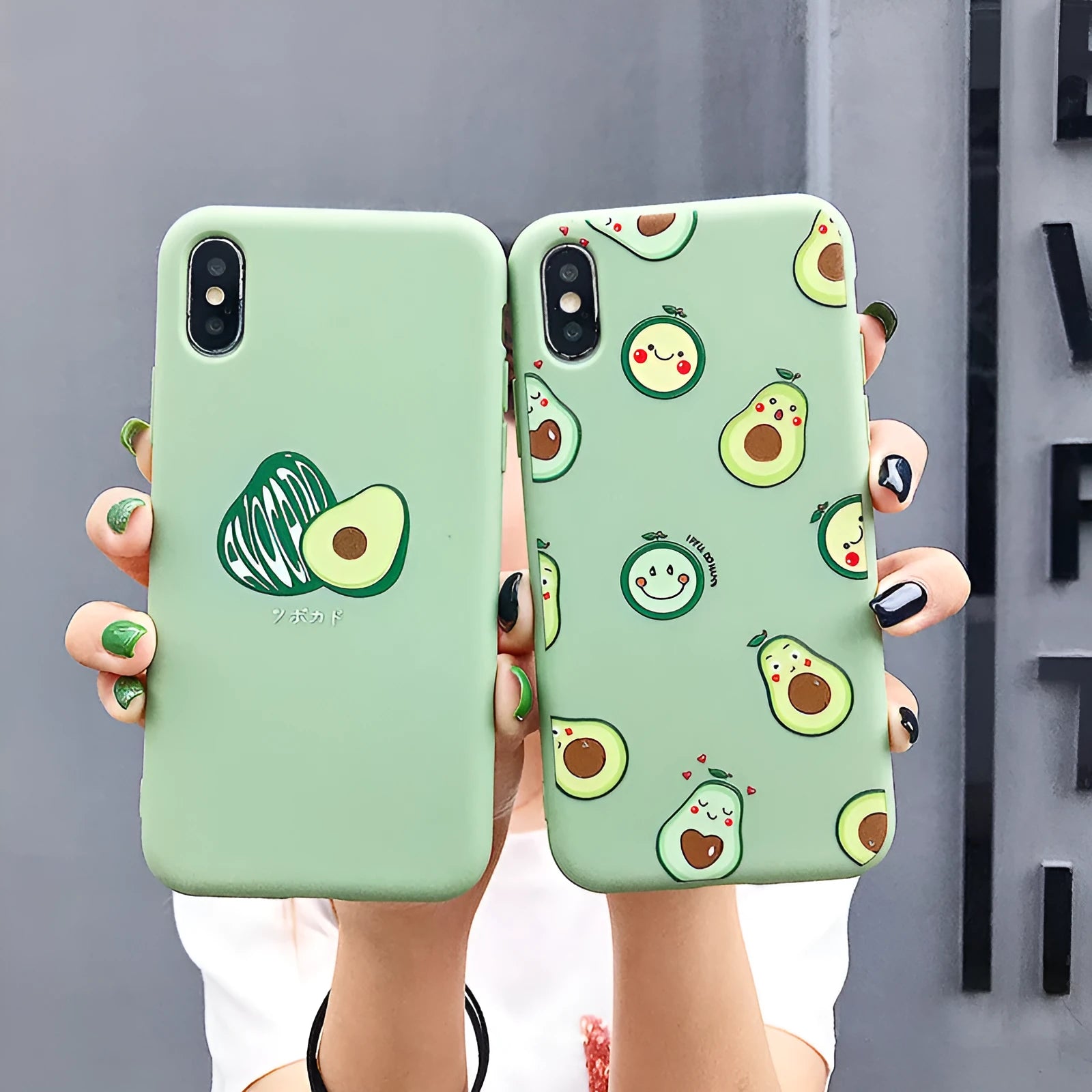 Green avocado cartoon design on a flexible black TPU phone case for iPhone.