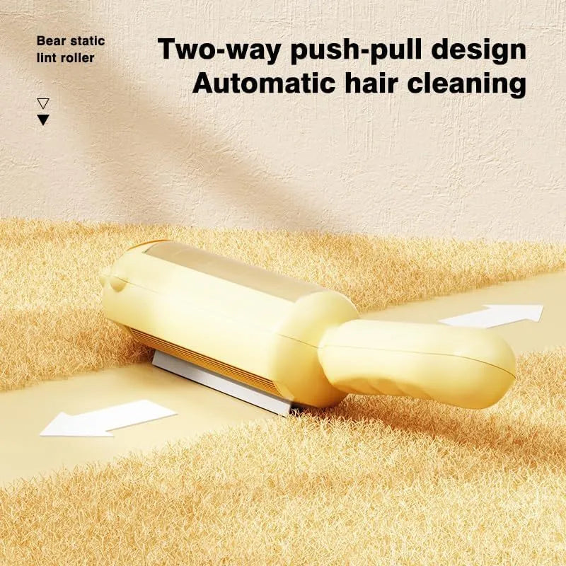 Blue reusable pet hair roller with self-cleaning base for furniture and car seats.