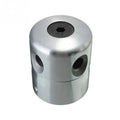 Silver aluminium lawn mower trimmer head with four light yellow grass lines, wrench, and gasket.