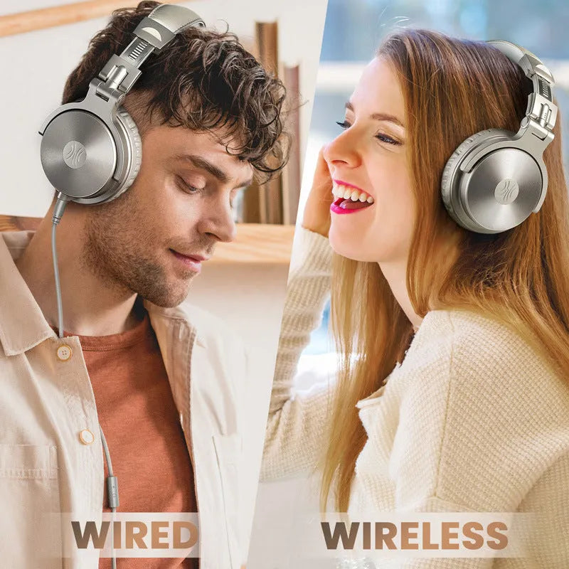 Wireless Bluetooth over-ear headset with microphone, 50mm driver, 1.2m cable, in black or champagne gold
