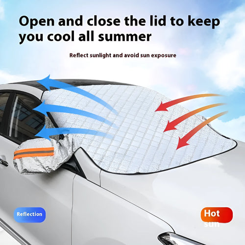 Aluminium foil car cover with reflective edge stripes and magnetic attachments for SUV windshield winter protection