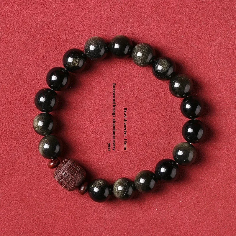 Golden obsidian vintage life bracelet with 10mm hand-woven beads and national style elements