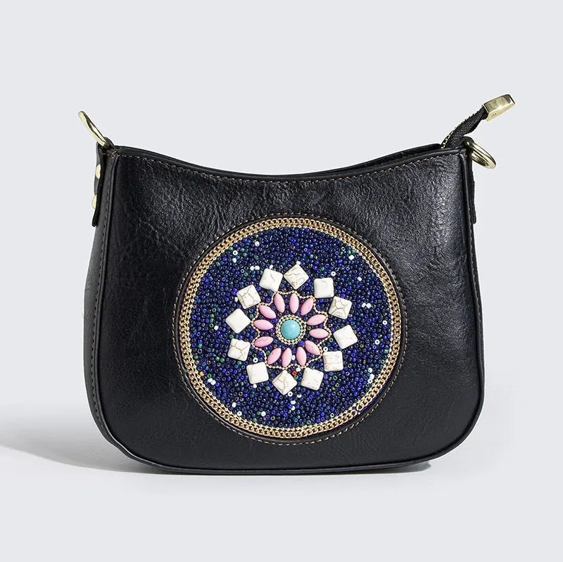 Straw bead turquoise ethnic style tote bucket crossbody bag for women with PU lining