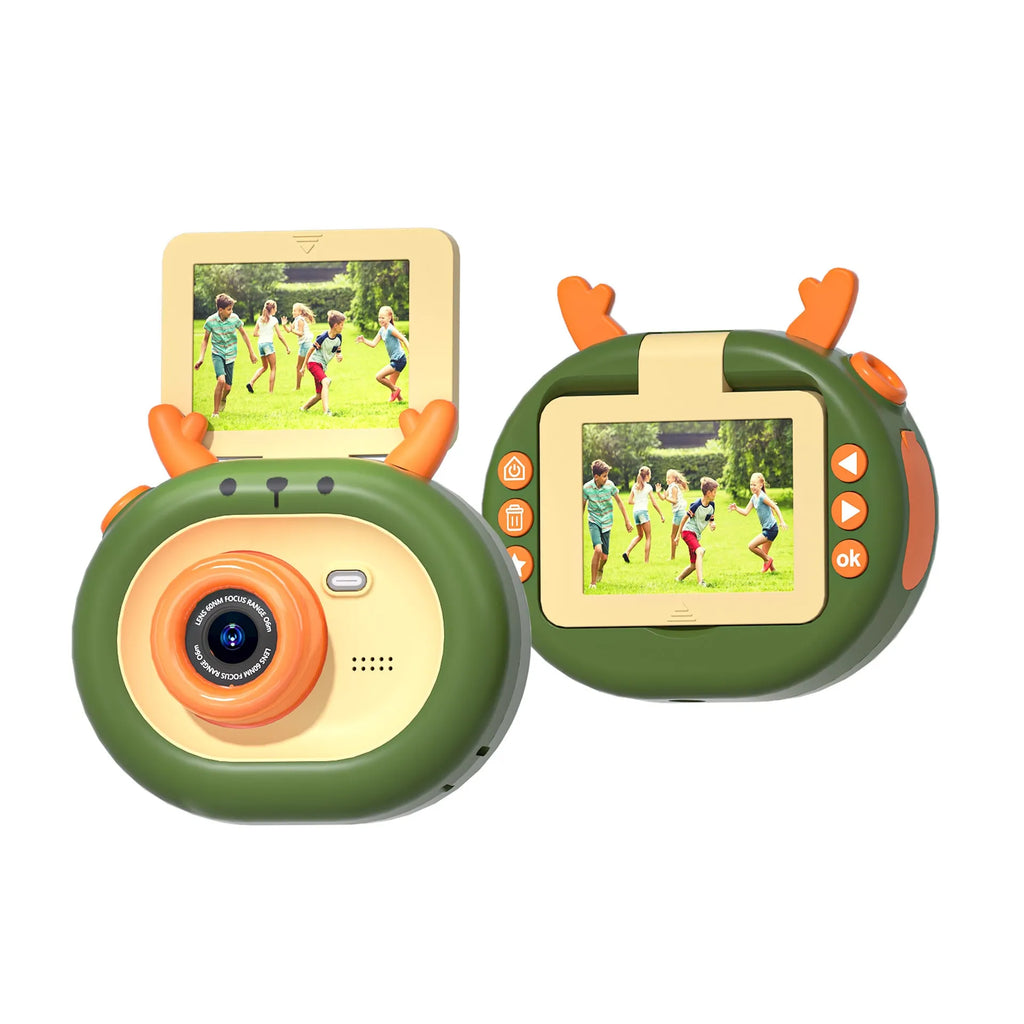Purple and dark green children's digital camera with flip screen and silicone case.