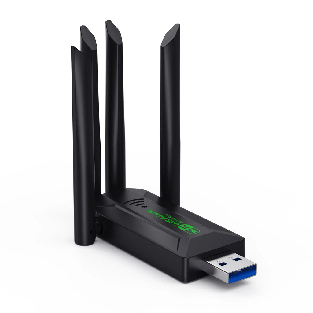 Black USB network transmitter with four extended antennas for wireless computer connectivity