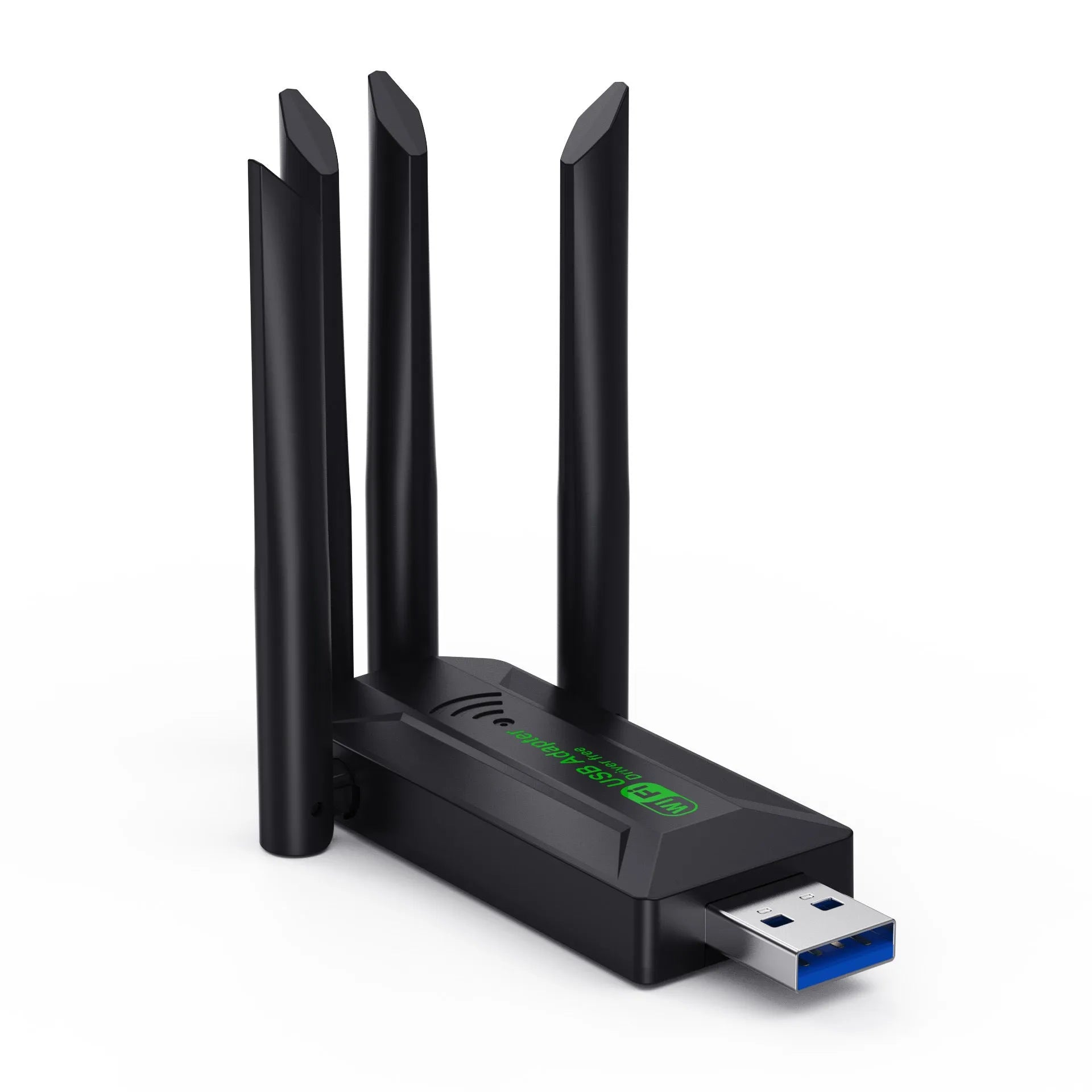 Black USB network transmitter with four extended antennas for wireless computer connectivity