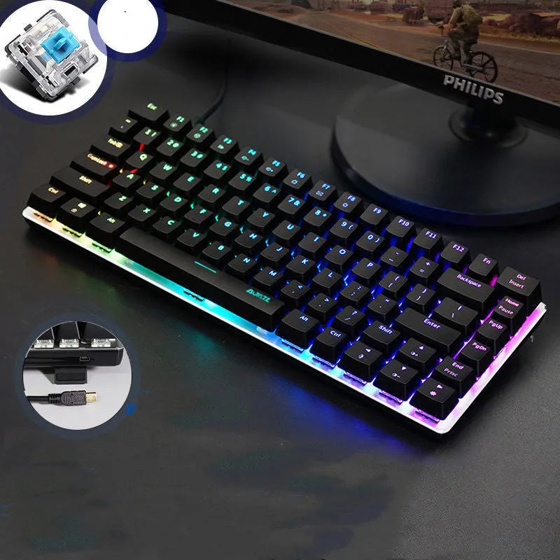 Heijue AK33 82-key mechanical keyboard black shaft white light version on desk with metal panel