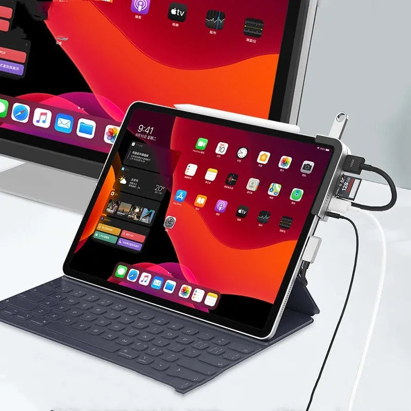 Silver aluminium grey Type-C docking station for iPad Pro with multiple connection ports