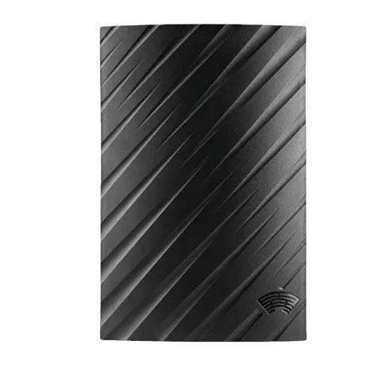 Black plastic indoor digital television antenna with included mounting screws, tubes, cable ties, and adhesive tape.