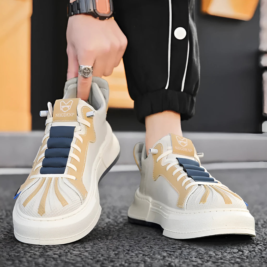 Men's beige low-top sneakers with elastic band and microfiber upper on a white background