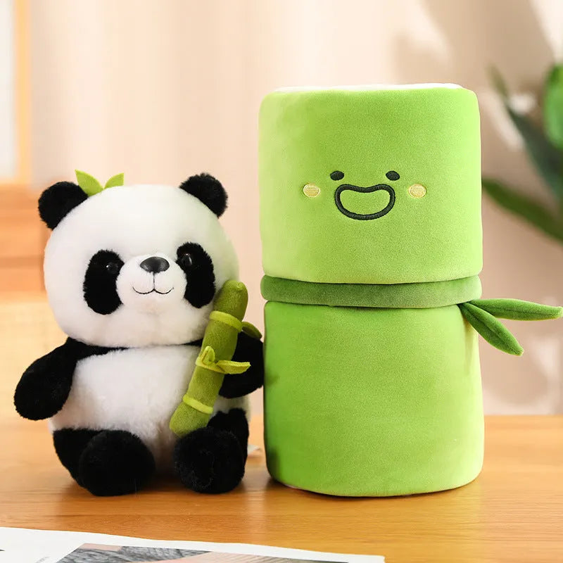 Black and white panda plush doll holding a simulated bamboo tube, a soft decorative cushion.