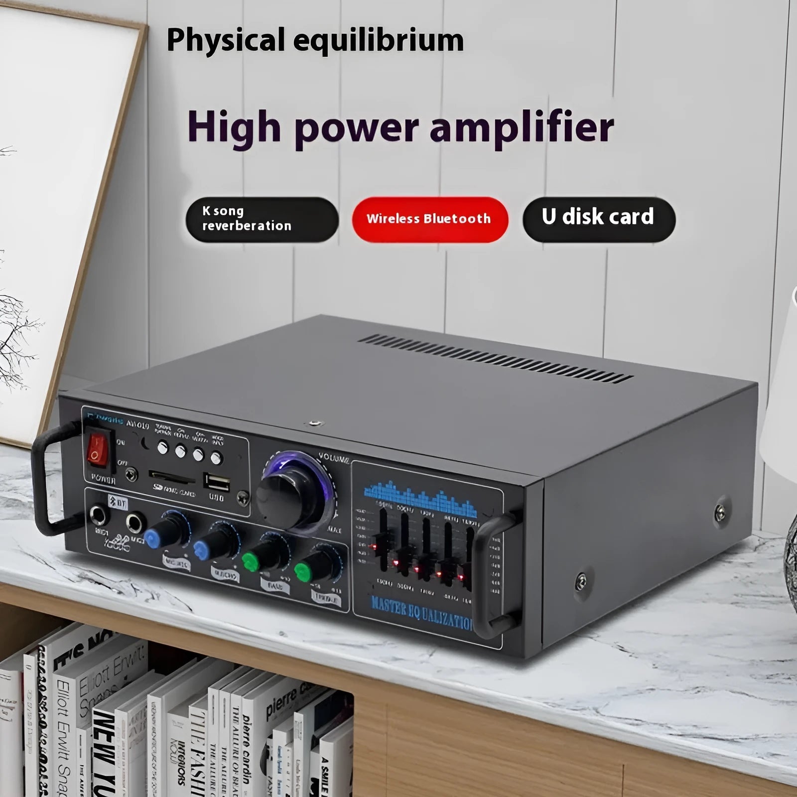 High-power Bluetooth audio amplifier with USB disk playback, metal chassis, 80W output, 2.0 channels, compact 5.3x19.6x7.5cm size