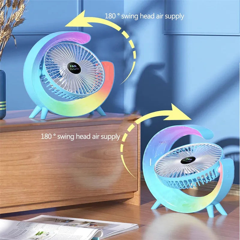 Desktop silent mini electric fan with night light and 180-degree swivel head in grass green colour