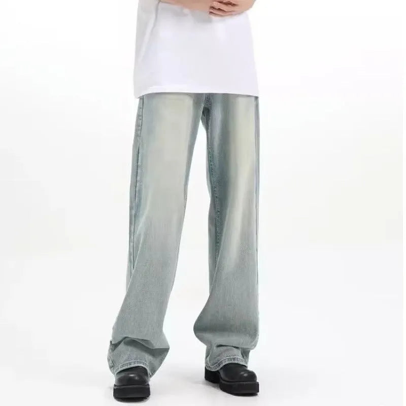 Blue loose-fit retro casual trousers made from rabbit fur with an elasticated waist.