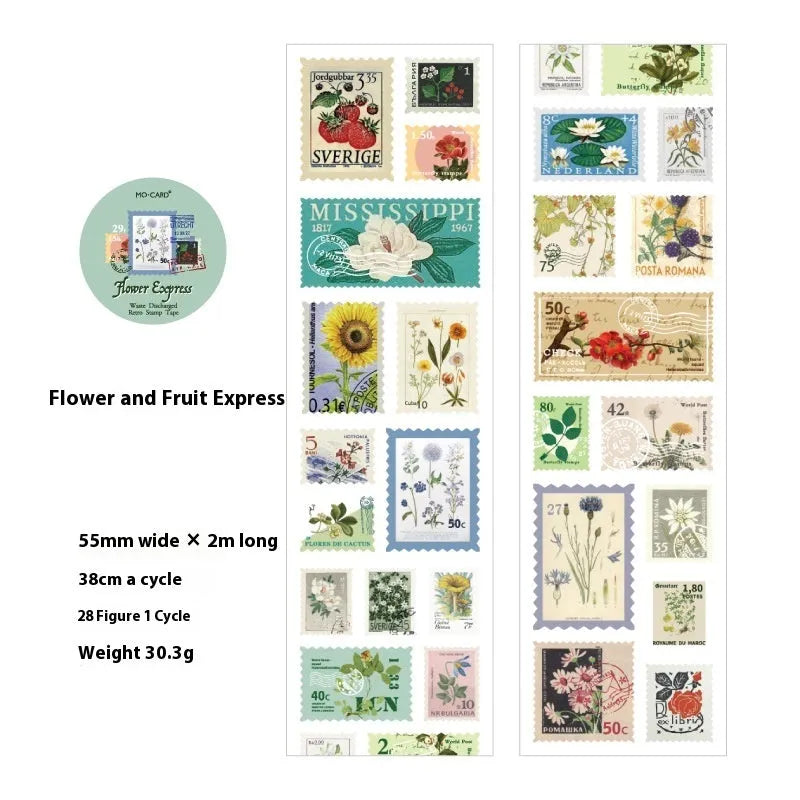 A roll of retro-patterned coated paper stamp stickers, 55mm wide, for DIY journal decoration.