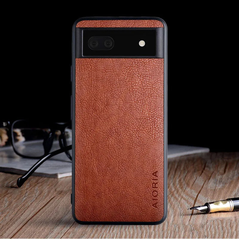 Black PU lychee skin texture phone case for Google Pixel 6, showing all-inclusive glass design.