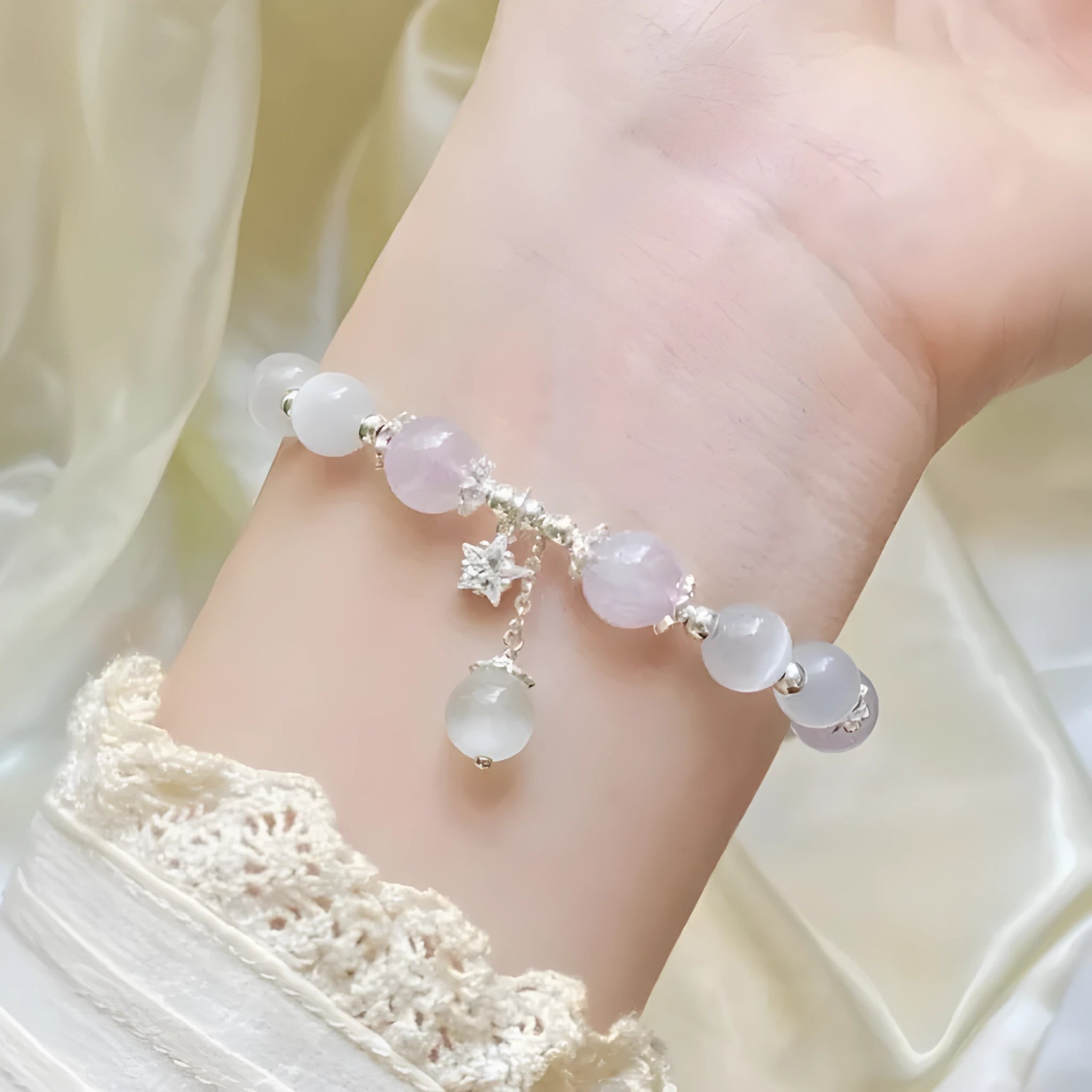Women's crystal moon bracelet with opal amethyst colour and manual craftsmanship details