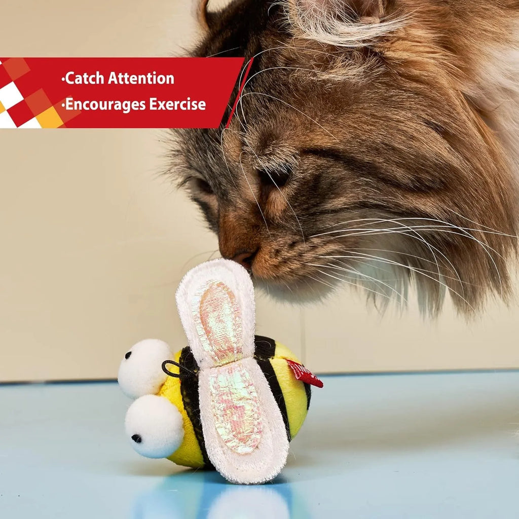 Yellow bee-shaped electronic cat toy with motion-activated chirping for indoor feline entertainment