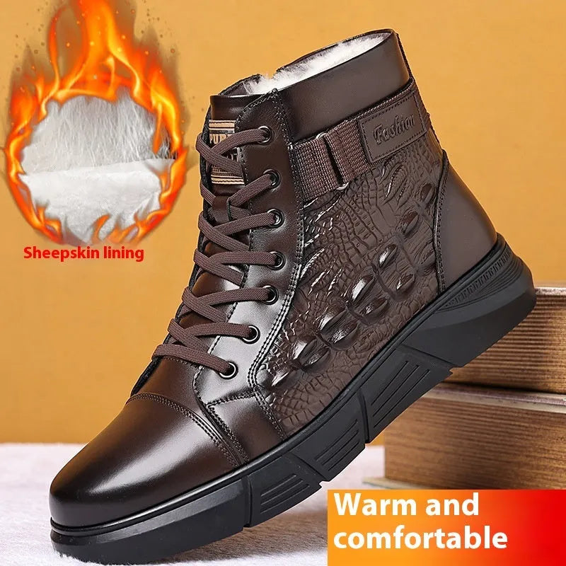 Men's genuine leather snow boots with fur lining, round toe design, and front lace-up closure in black or brown with velvet detailing
