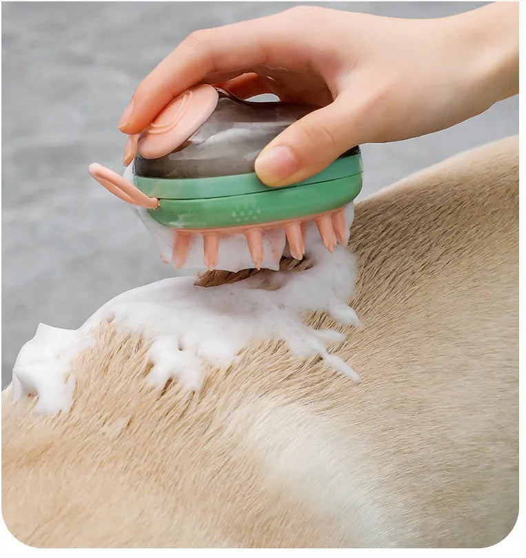 2 in 1 pet bath brush with shampoo dispenser, silicone massage head, non-slip grip, blue or green, 85g