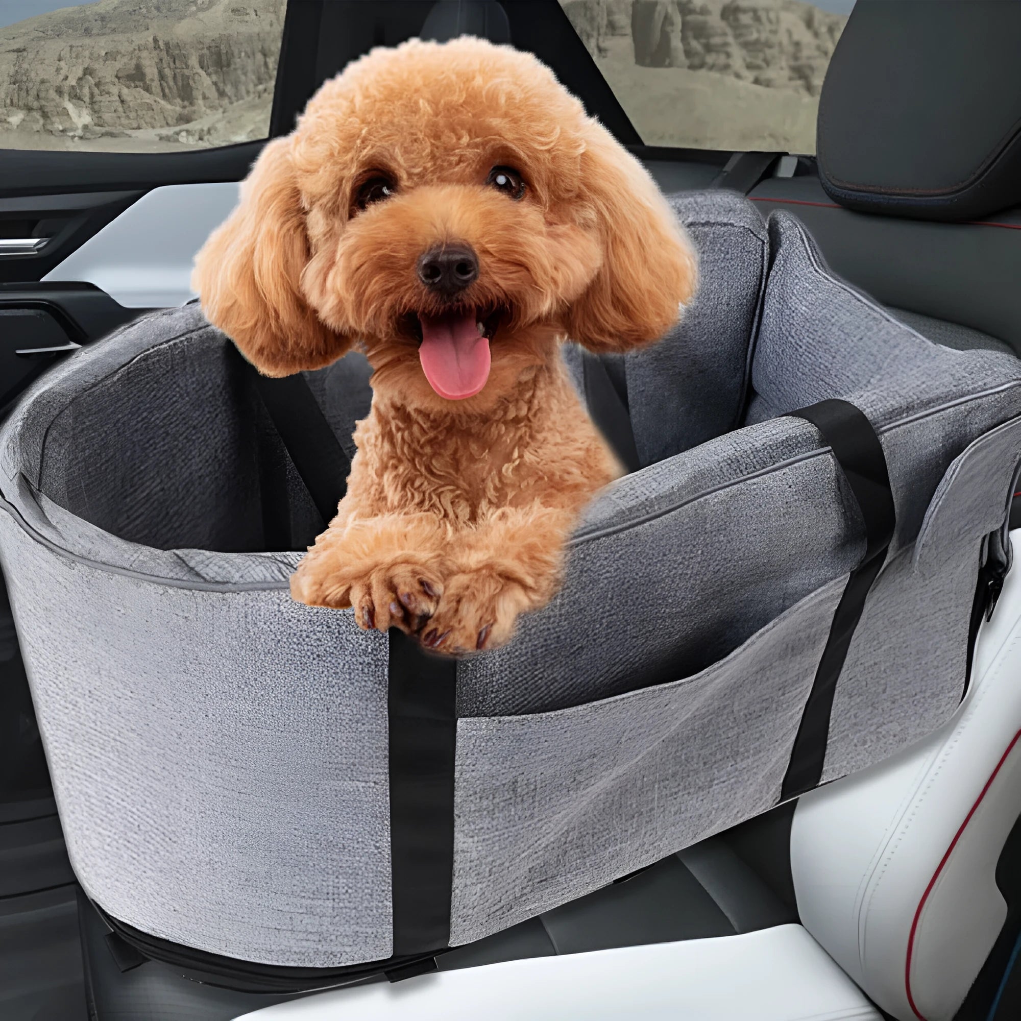 A grey cloth outdoor dog kennel set up in a garden, showing its open front and mesh panel.