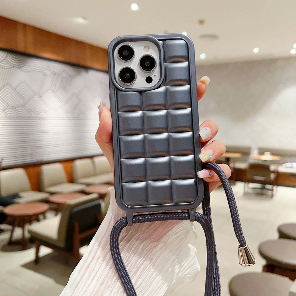 Matte plaid cross-body lanyard phone case in pink for iPhone 11 to 15 Pro Max, TPU fall protection