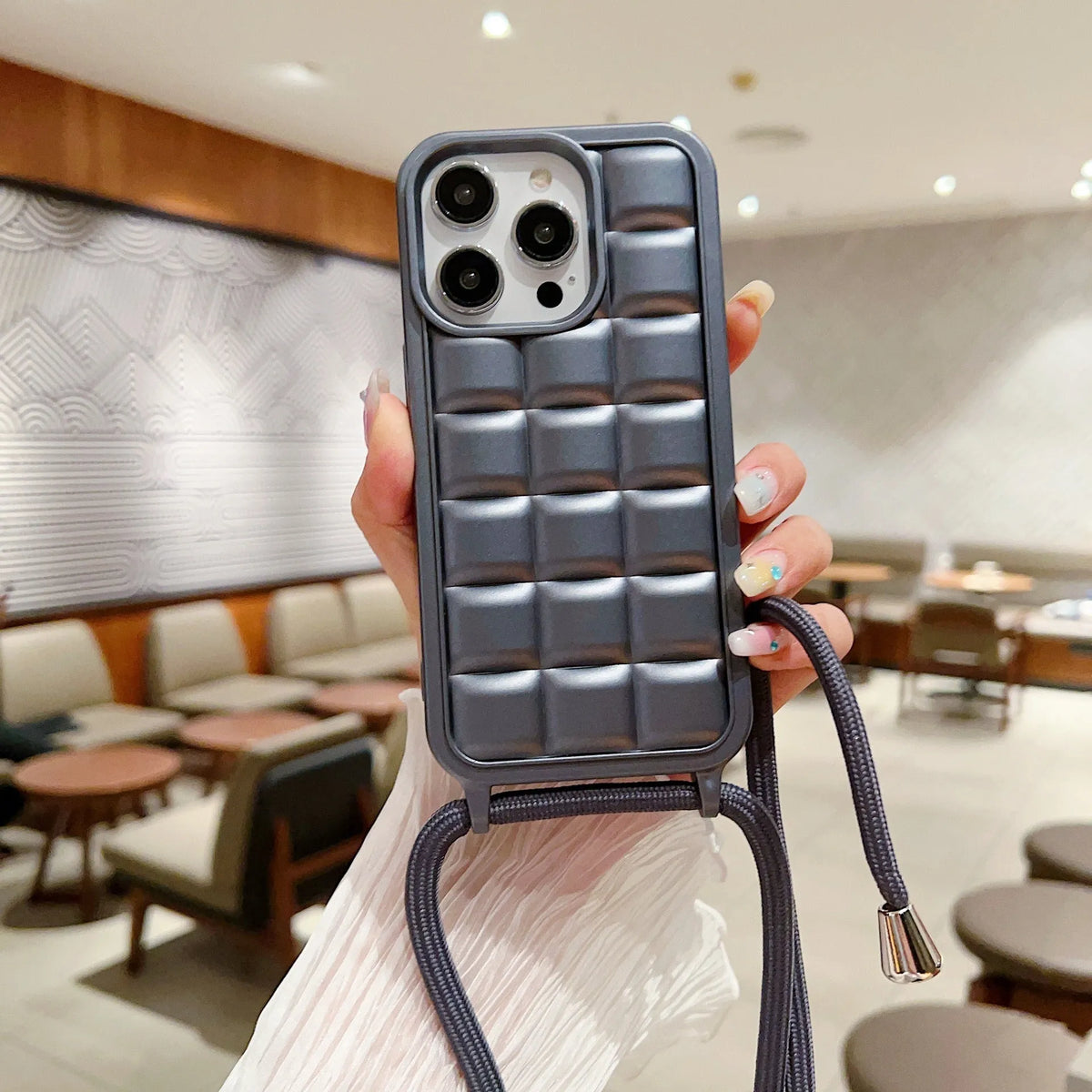 Matte plaid cross-body lanyard phone case in pink for iPhone 11 to 15 Pro Max, TPU fall protection