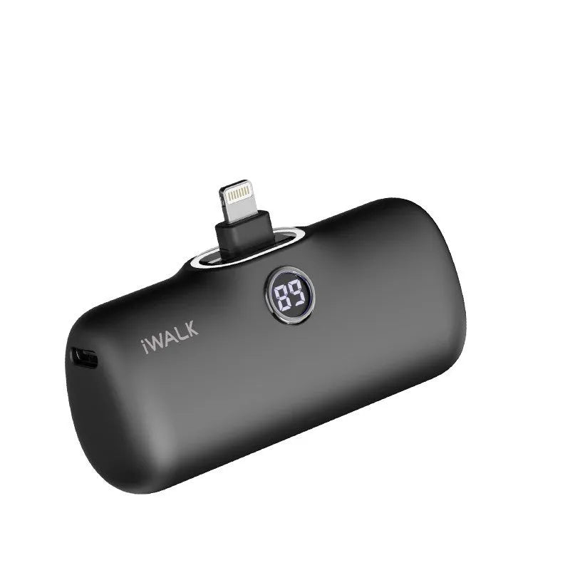 Compact cylindrical lipstick-shaped power bank showing digital battery percentage screen, in choice of colours.