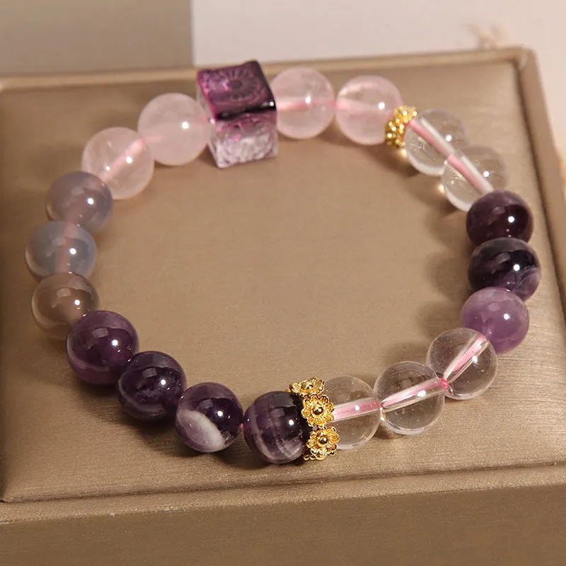 Women's natural amethyst crystal bracelet with purple colour and 10mm rhinestone accents
