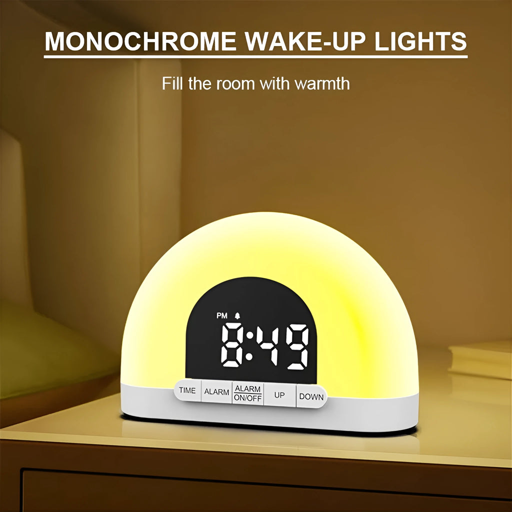 White display simulated sunrise alarm clock with ABS shell and DC cable on a bedside table