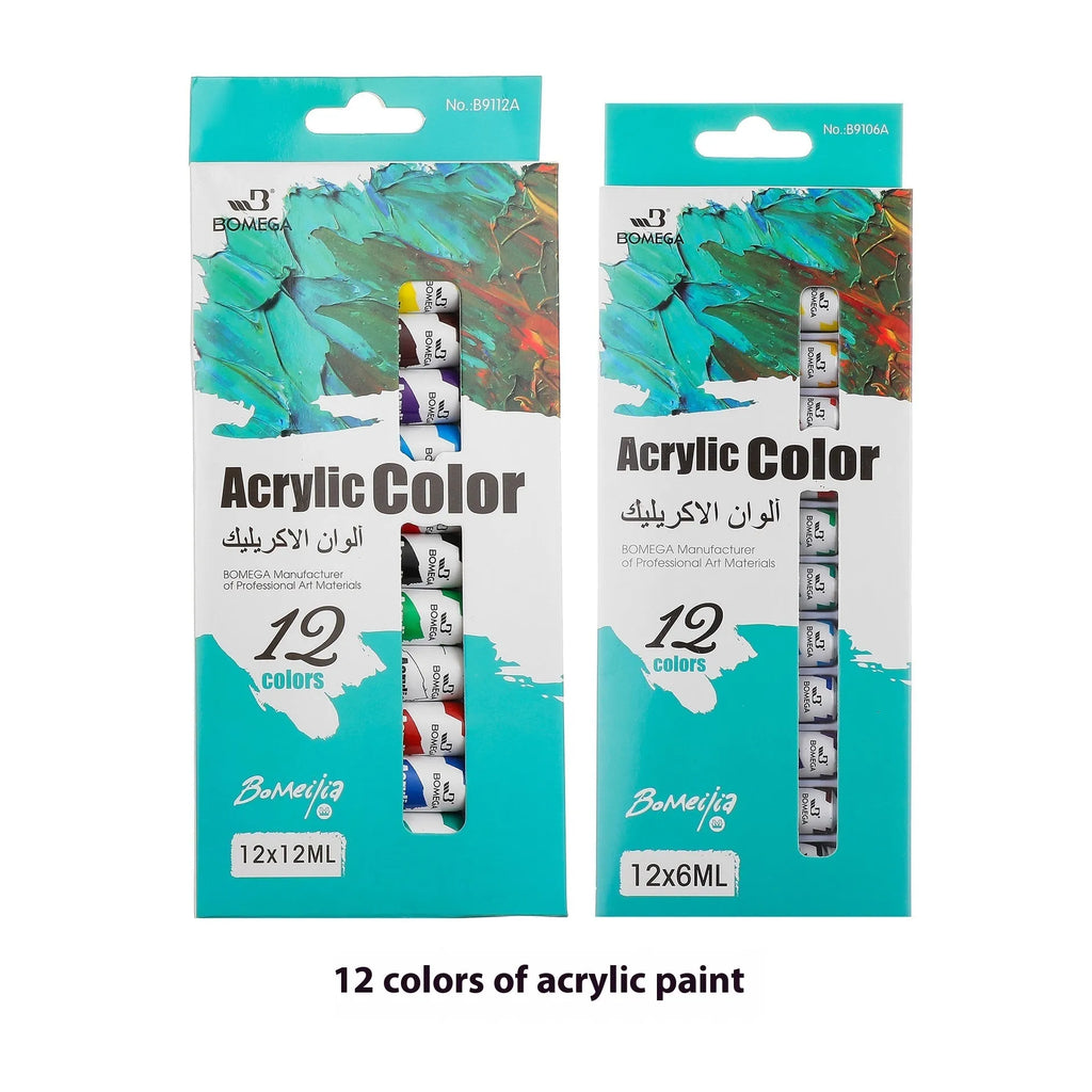 Set of artist paint tubes for acrylic, gouache, watercolour, oil, glass, and textile painting in 12 colours.