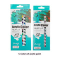Set of artist paint tubes for acrylic, gouache, watercolour, oil, glass, and textile painting in 12 colours.