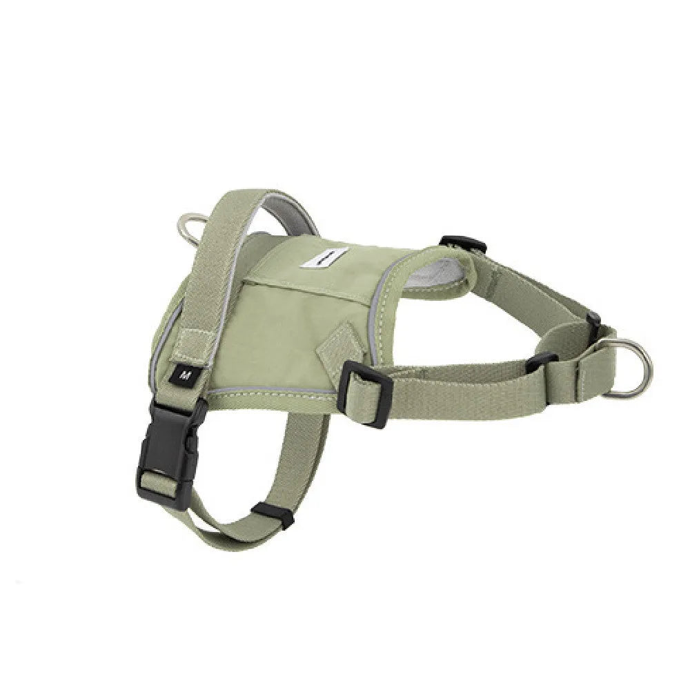 Dog chest back vest leash in buckwheat grey made from eco-friendly RPET and nylon with adjustable straps